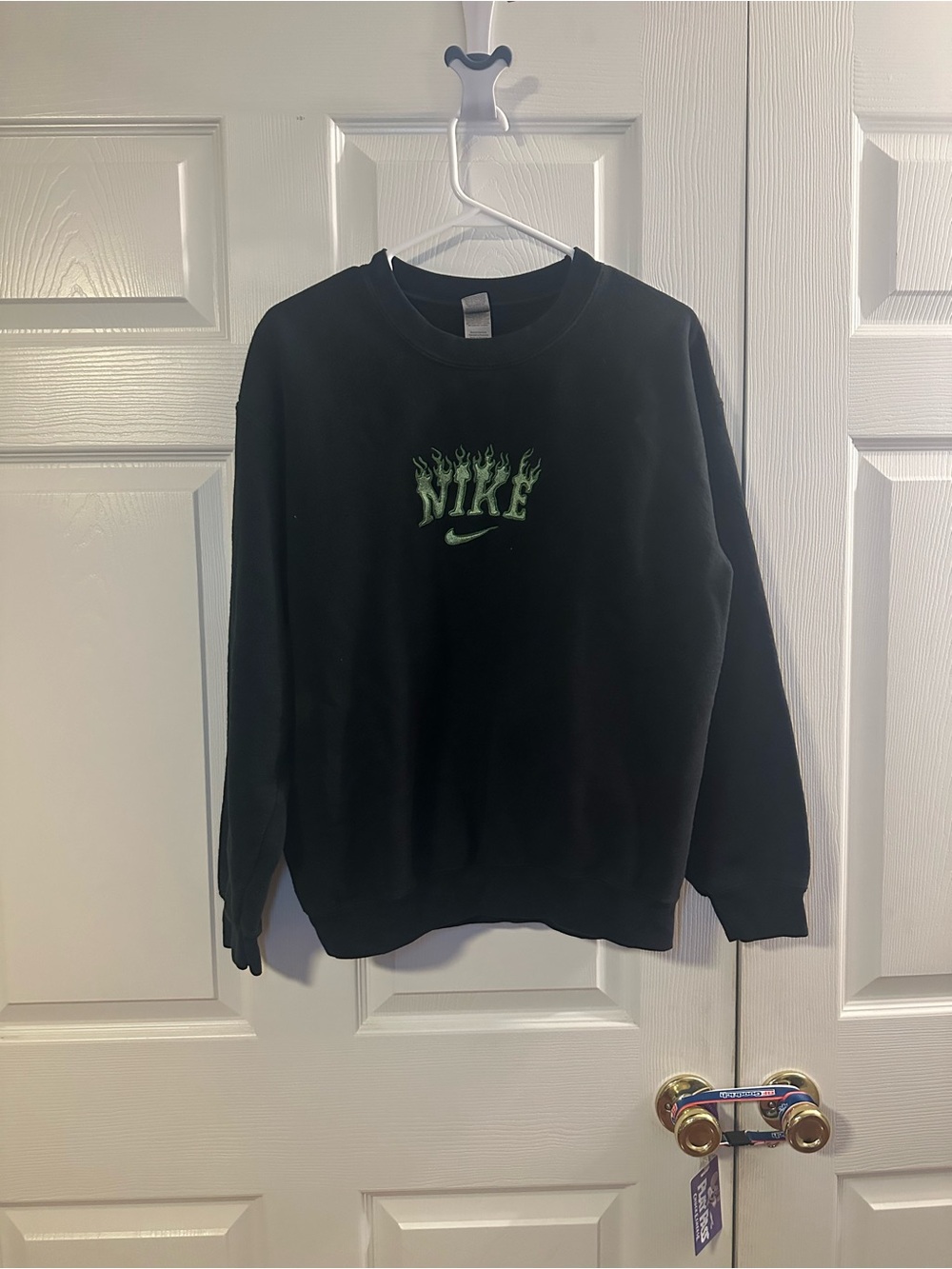 Custom Nike Embroidered Black Crewneck Sweatshirt with Green Flame Logo